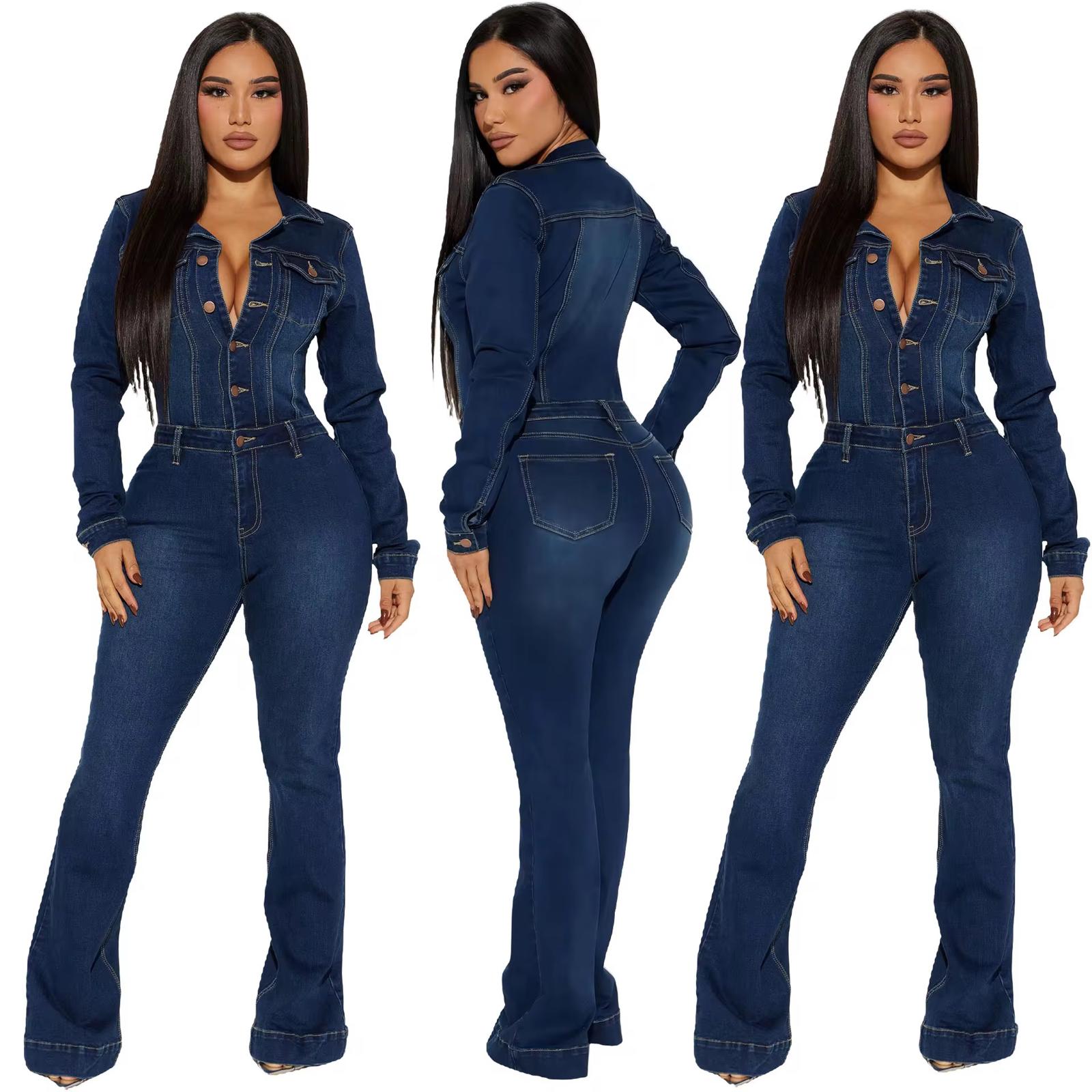 Women’s Slim Fit Denim Jumpsuit – Long Sleeve Button Front Stretch Jeans One-Piece Romper