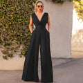 Women’s Elegant Sleeveless V-Neck Wide Leg Jumpsuit – High Waist Full Length Casual Party Romper with Pockets - black
