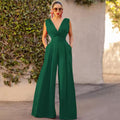 Women’s Elegant Sleeveless V-Neck Wide Leg Jumpsuit – High Waist Full Length Casual Party Romper with Pockets - free