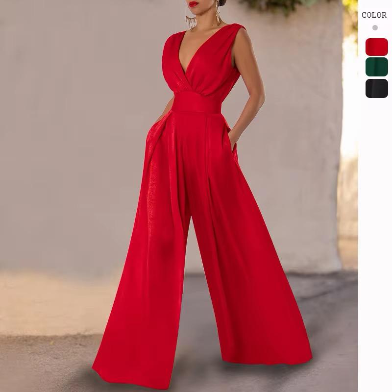 Women’s Elegant Sleeveless V-Neck Wide Leg Jumpsuit – High Waist Full Length Casual Party Romper with Pockets - red