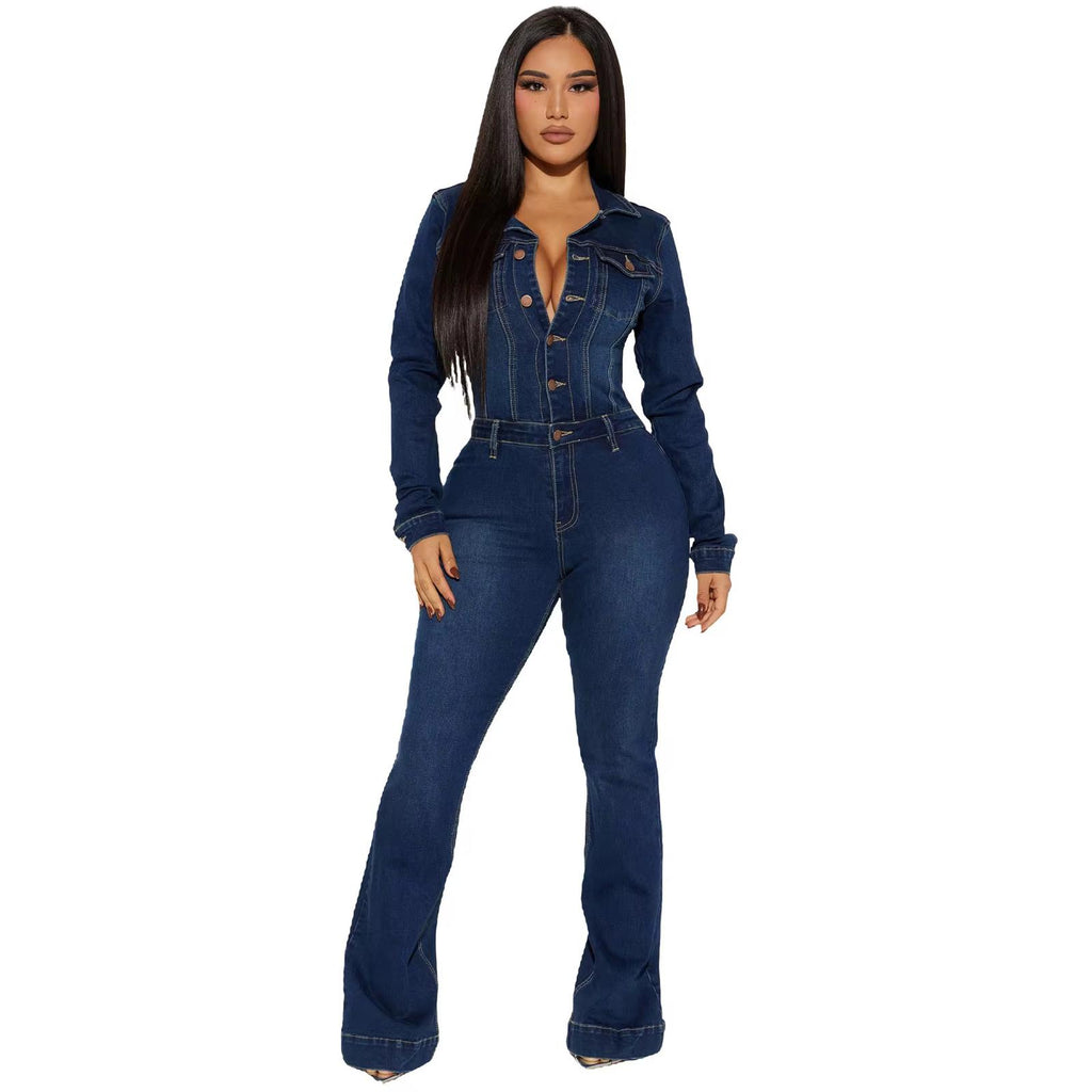 Women’s Slim Fit Denim Jumpsuit – Long Sleeve Button Front Stretch Jeans One-Piece Romper