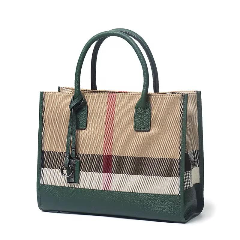 Luxury Women’s Genuine Leather & Canvas Tote Handbag – Designer Travel Shoulder Bag with Zip Closure (34×12×27cm) - green