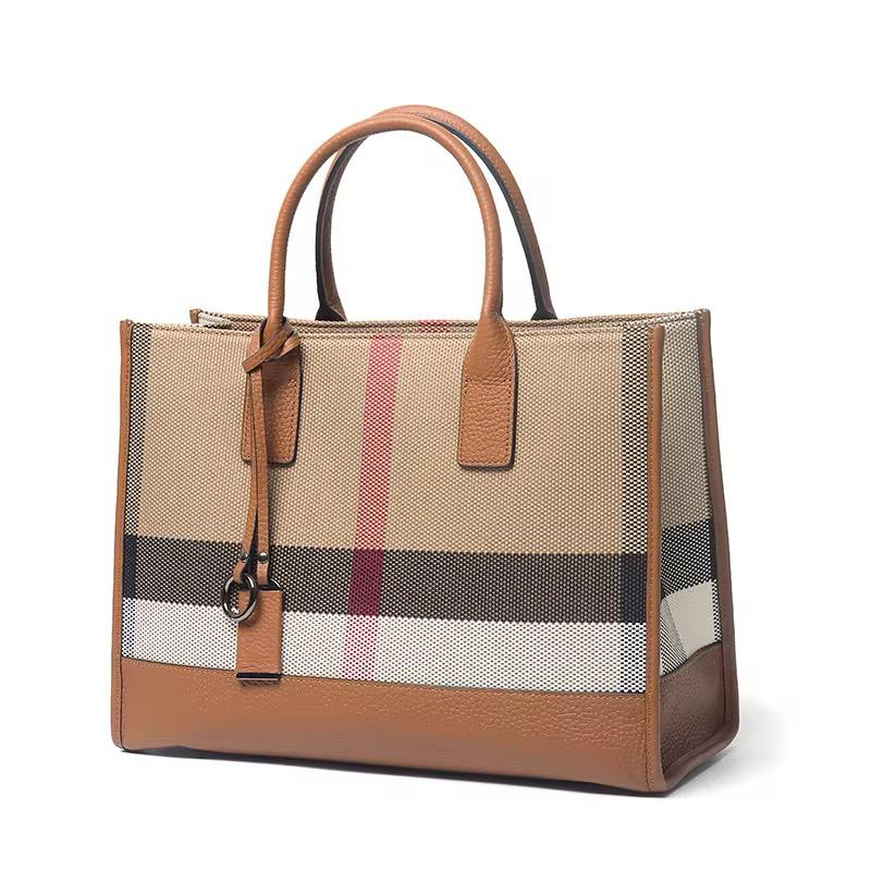 Luxury Women’s Genuine Leather & Canvas Tote Handbag – Designer Travel Shoulder Bag with Zip Closure (34×12×27cm) - yellowish brown