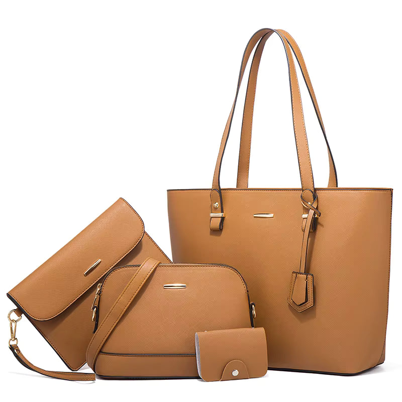 Women’s 4-Piece Handbag Set – Tote, Crossbody Bag, Wallet & Coin Purse - brown