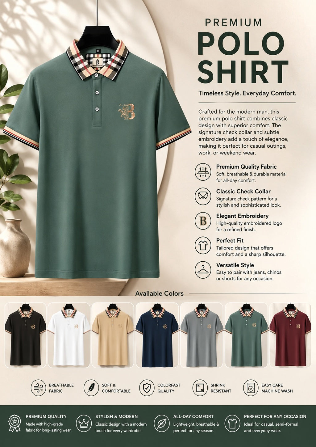 Men’s Premium Plaid Collar Polo Shirt Short Sleeve Casual Business Golf T-Shirt Breathable Soft Cotton Blend Top - white