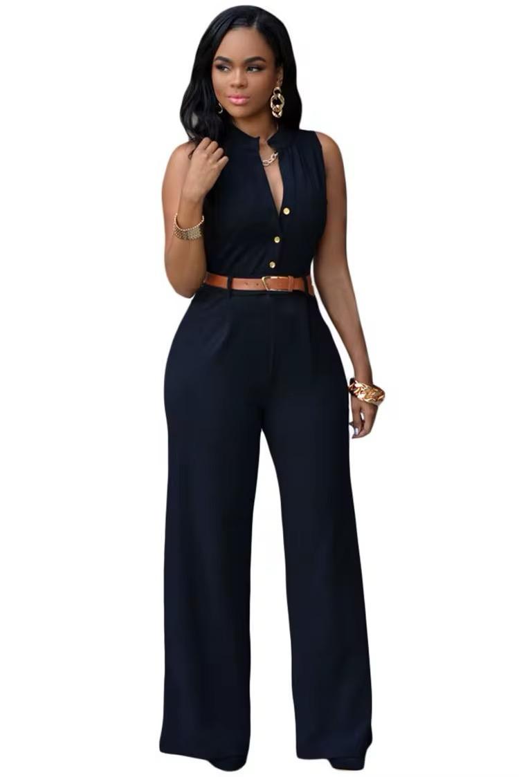 Women’s Sleeveless Belted Wide Leg Jumpsuit – Elegant Casual Summer One-Piece Outfit - black