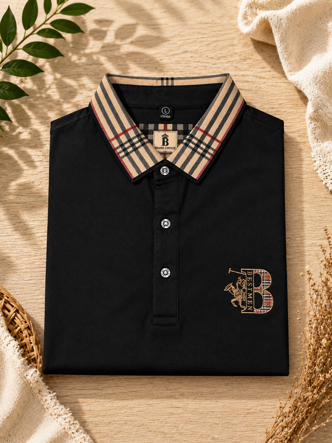 Men’s Premium Plaid Collar Polo Shirt Short Sleeve Casual Business Golf T-Shirt Breathable Soft Cotton Blend Top - black