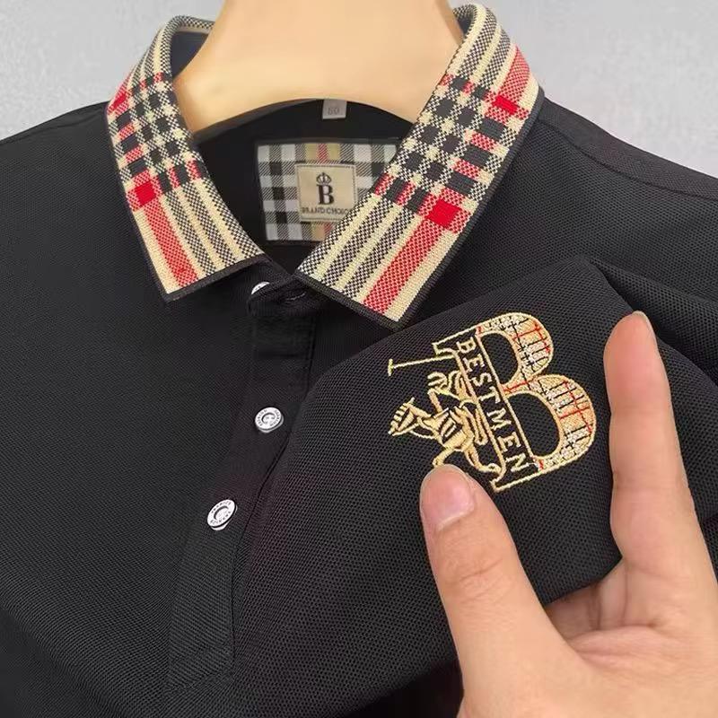 Men’s Premium Plaid Collar Polo Shirt Short Sleeve Casual Business Golf T-Shirt Breathable Soft Cotton Blend Top - black