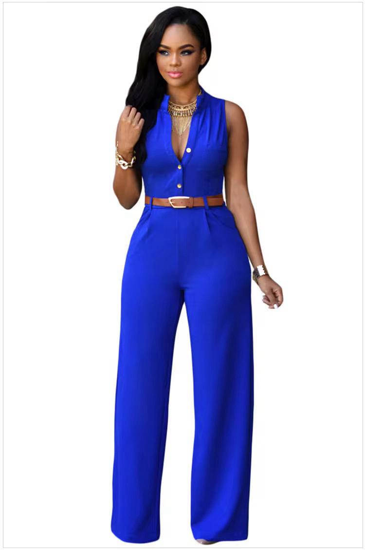 Women’s Sleeveless Belted Wide Leg Jumpsuit – Elegant Casual Summer One-Piece Outfit - blue