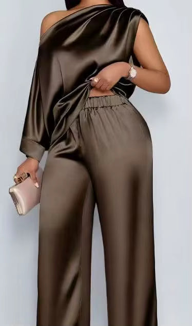 Women’s Satin One-Shoulder Lounge Set – Elegant Loose Top & Wide Leg Pants Two-Piece Outfit - coffee