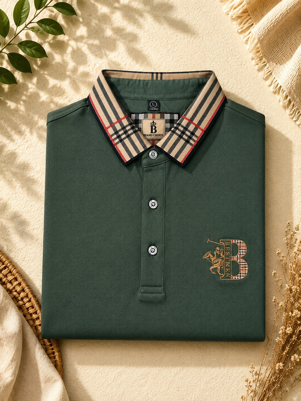 Men’s Premium Plaid Collar Polo Shirt Short Sleeve Casual Business Golf T-Shirt Breathable Soft Cotton Blend Top - light green