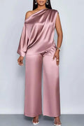 Women’s Satin One-Shoulder Lounge Set – Elegant Loose Top & Wide Leg Pants Two-Piece Outfit - pink