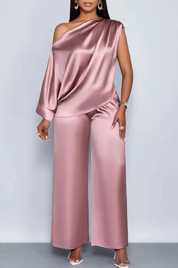 Women’s Satin One-Shoulder Lounge Set – Elegant Loose Top & Wide Leg Pants Two-Piece Outfit - pink