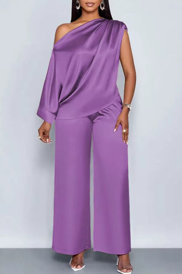 Women’s Satin One-Shoulder Lounge Set – Elegant Loose Top & Wide Leg Pants Two-Piece Outfit - purple