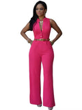 Women’s Sleeveless Belted Wide Leg Jumpsuit – Elegant Casual Summer One-Piece Outfit - rose