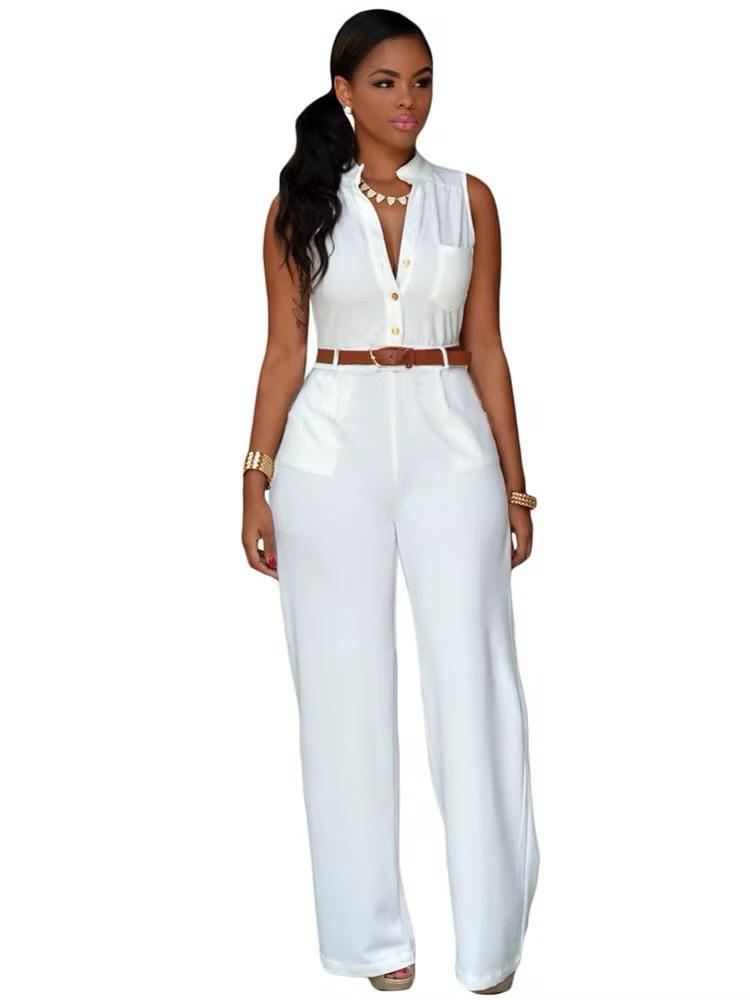 Women’s Sleeveless Belted Wide Leg Jumpsuit – Elegant Casual Summer One-Piece Outfit - white