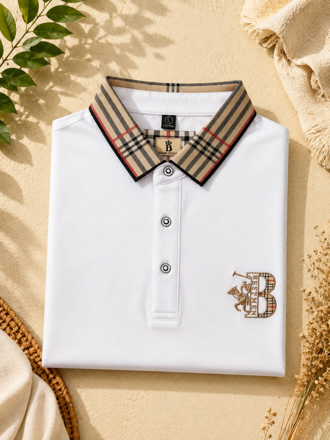 Men’s Premium Plaid Collar Polo Shirt Short Sleeve Casual Business Golf T-Shirt Breathable Soft Cotton Blend Top - white