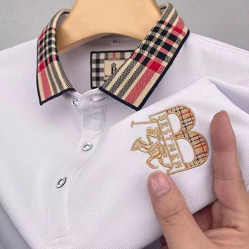 Men’s Premium Plaid Collar Polo Shirt Short Sleeve Casual Business Golf T-Shirt Breathable Soft Cotton Blend Top - white