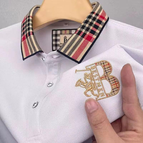 Men’s Premium Plaid Collar Polo Shirt Short Sleeve Casual Business Golf T-Shirt Breathable Soft Cotton Blend Top - white