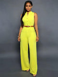 Women’s Sleeveless Belted Wide Leg Jumpsuit – Elegant Casual Summer One-Piece Outfit - yellow